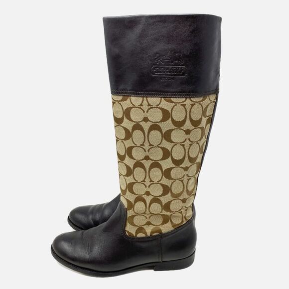 Coach Brown/Tan Chrissi Leather & Logo Print Riding Boots Women's Sz 7.5 Pull On - Picture 3 of 10